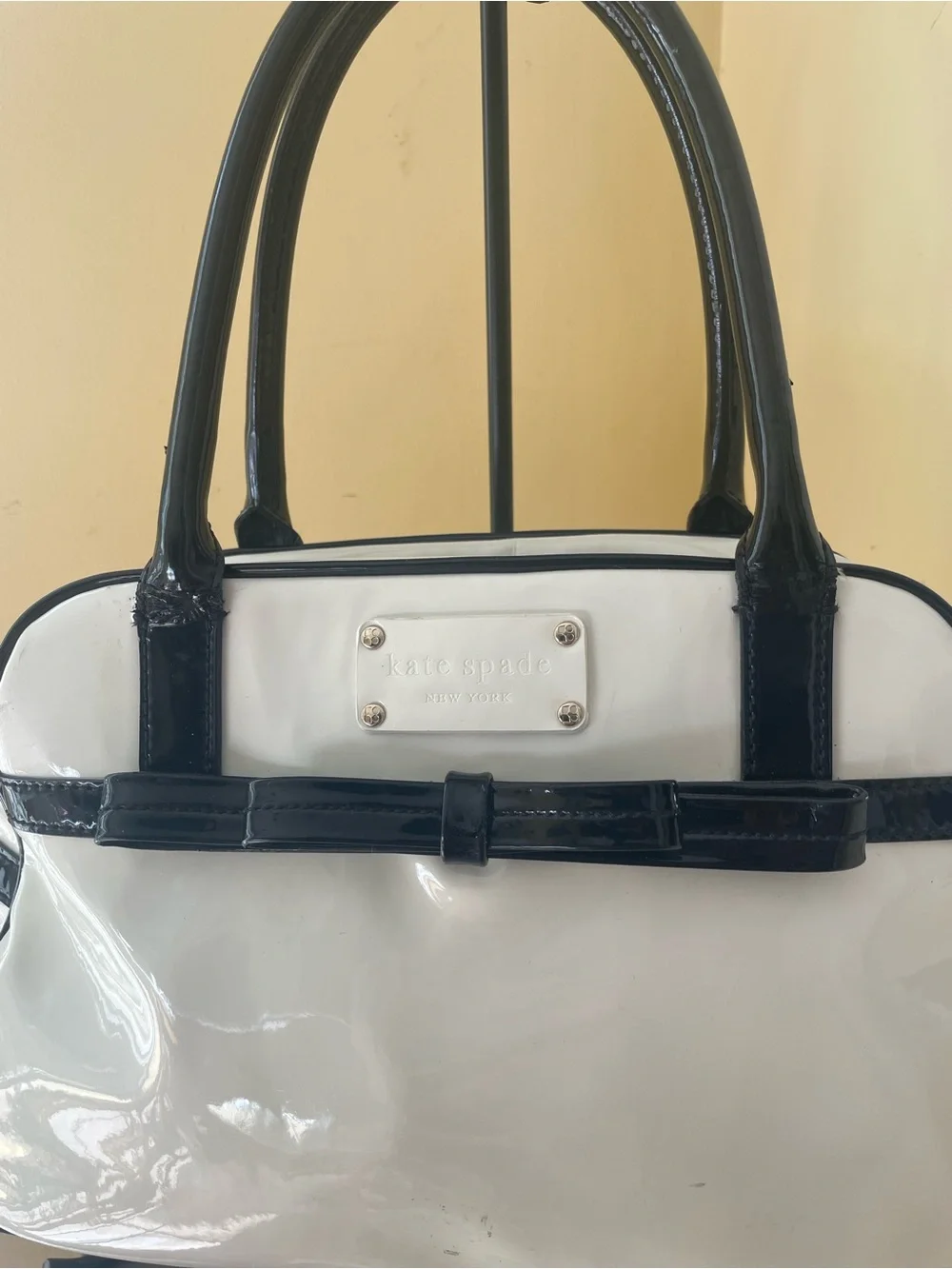 kate spade White and Black Patent Satchel with Bow Trim
